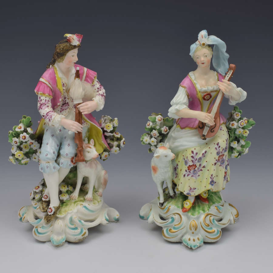 Pair Derby Figures Sitting Piper & Guitar Model 301 c.1770
