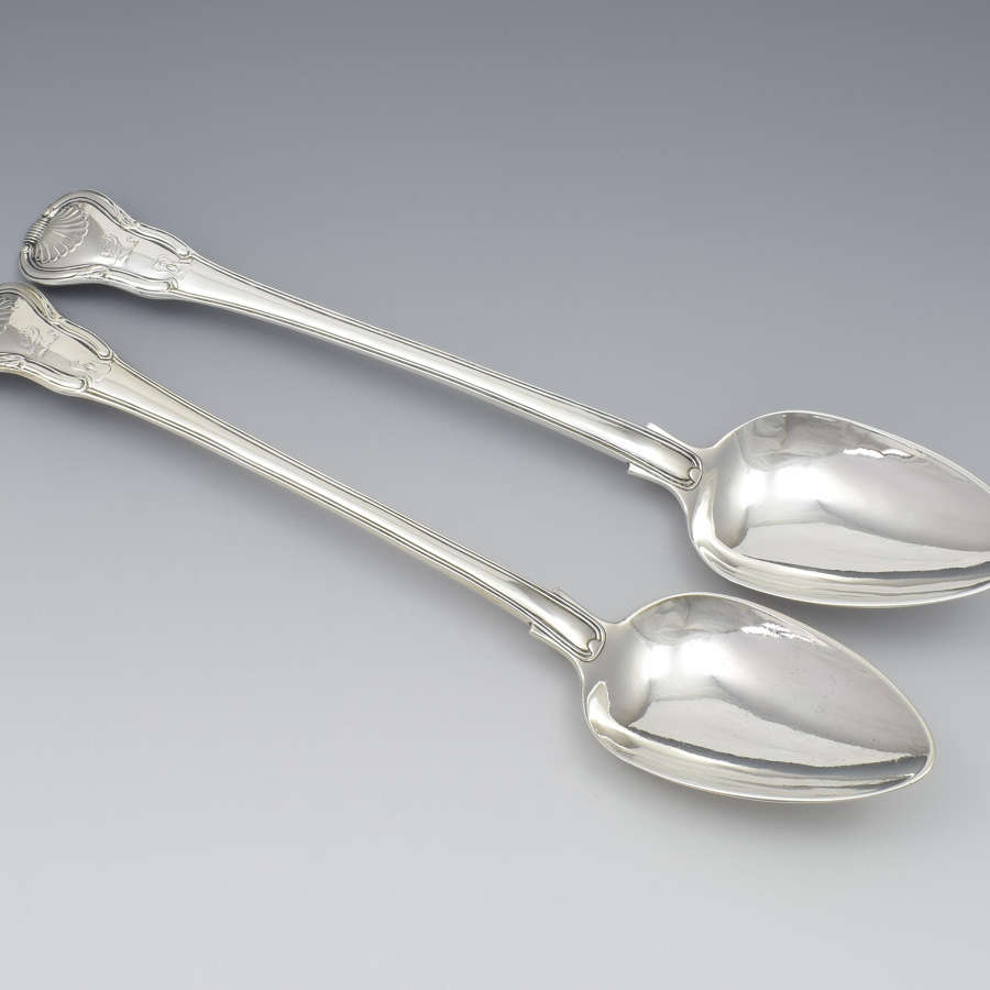 Fine Pair Heavy Georgian Exeter Silver Stuffing Basting Spoons