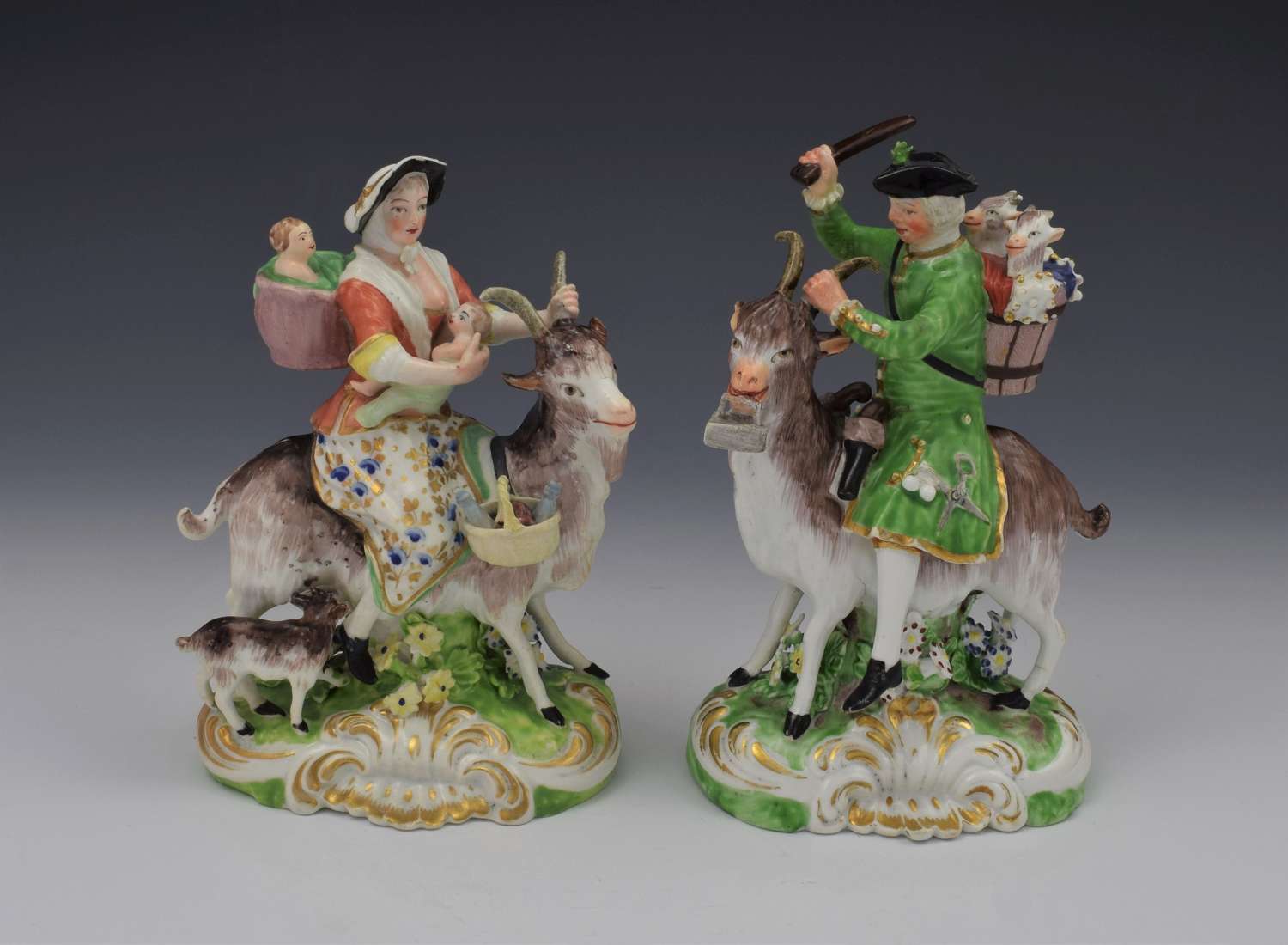 Pair Early Derby Porcelain Figures The Welch Tailor & Family N62