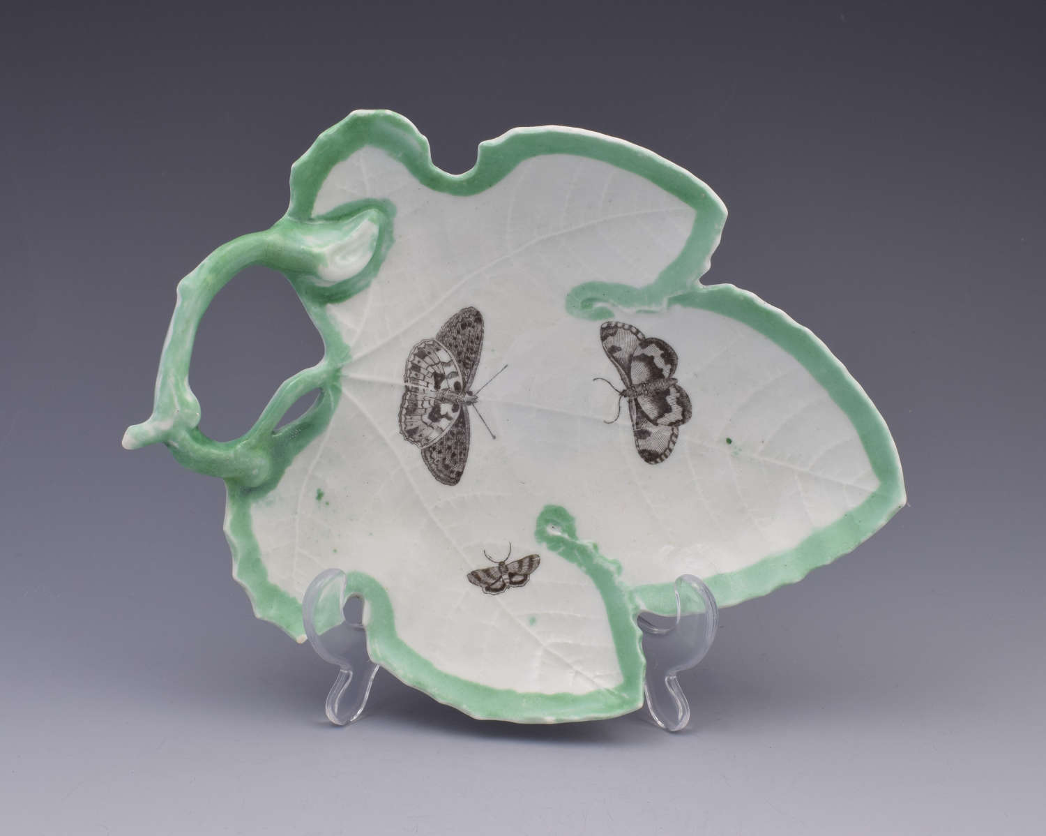 First Period Worcester Green Edged Leaf Dish With Butterflies c.1755