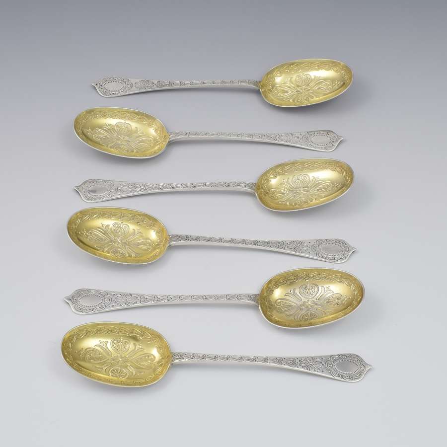 Fine Set 6 Victorian Parcel Gilt Aesthetic Style Silver Dessert Spoons