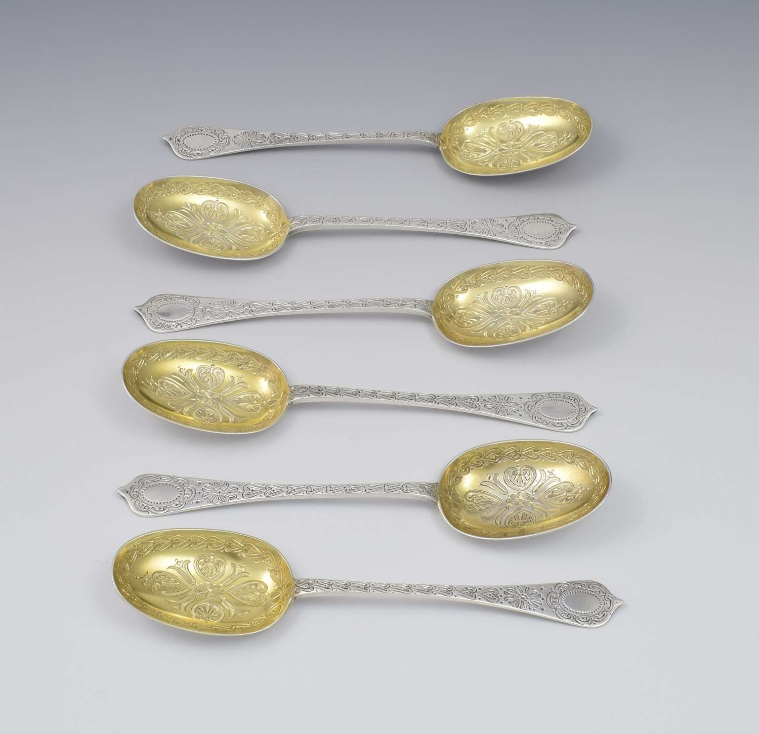 Fine Set 6 Victorian Parcel Gilt Aesthetic Style Silver Dessert Spoons