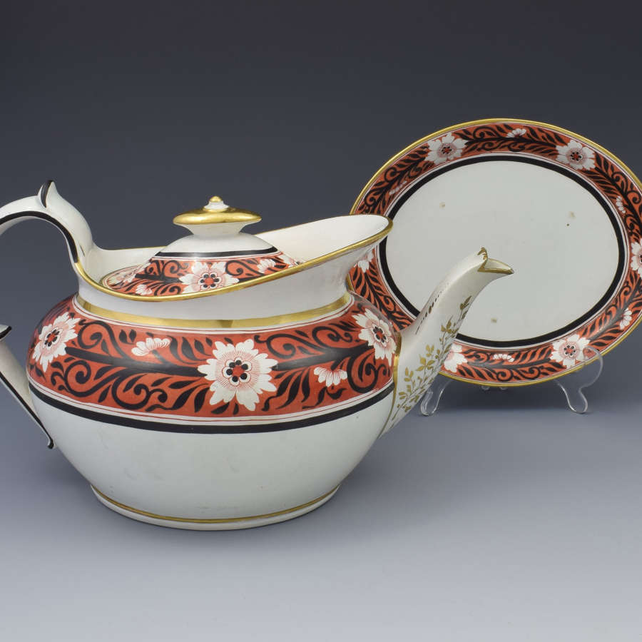 Regency Miles Mason Low Oval Porcelain Teapot & Stand, c.1810