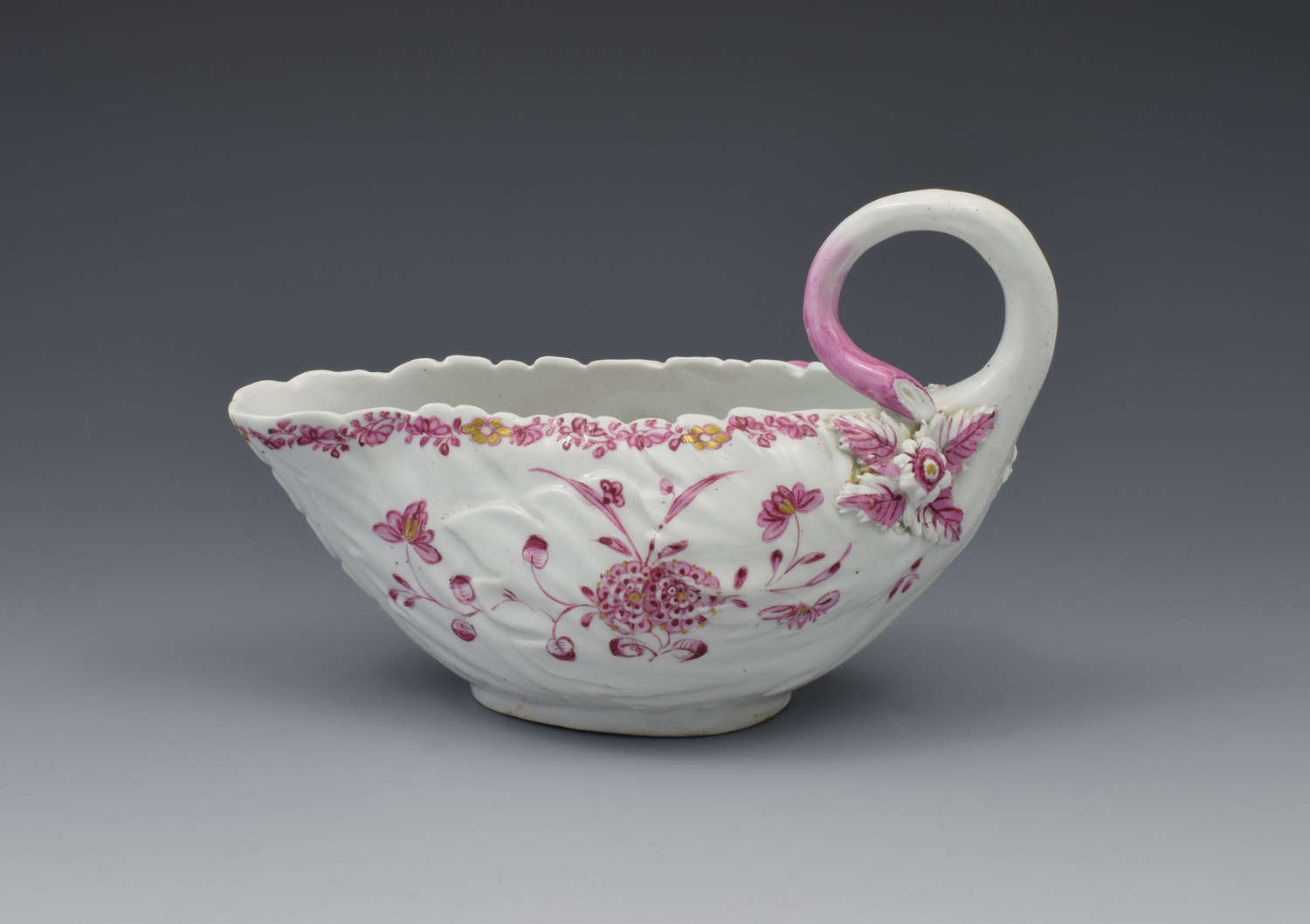 Derby Porcelain Leaf Shape Sauceboat Pink Enamel c.1760