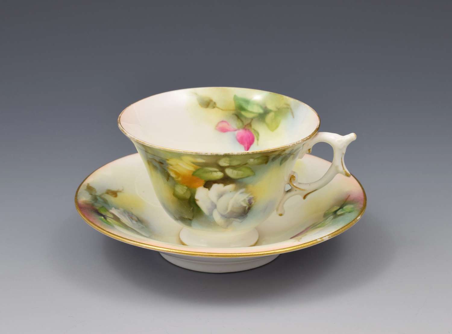 Edwardian Royal Worcester Cup & Saucer Hadley Roses 1909