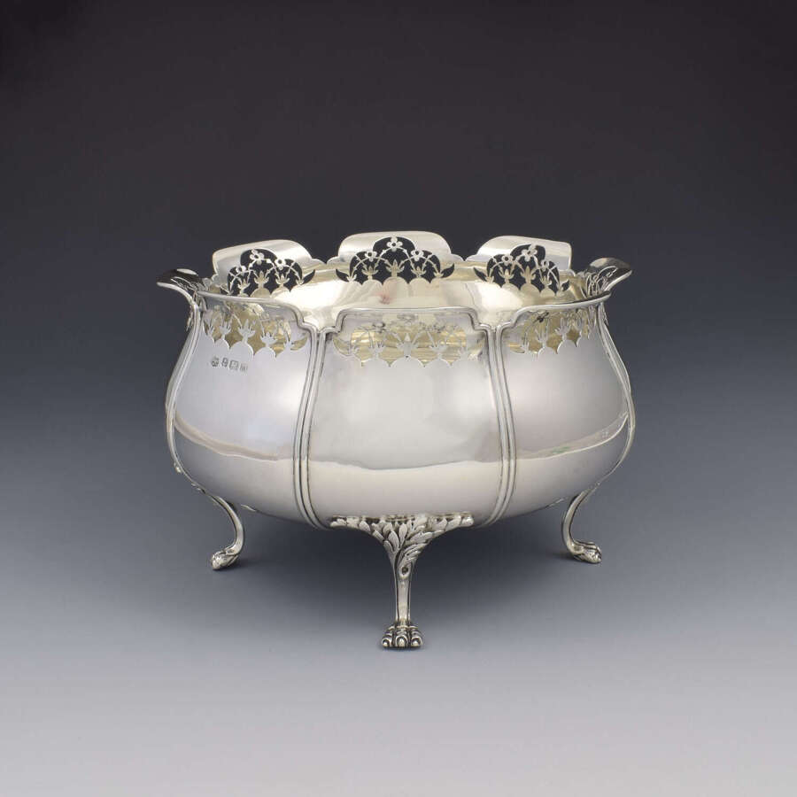 Fine Large Art Nouveau Silver Table Bowl Pierced Rim Lion Paw Feet