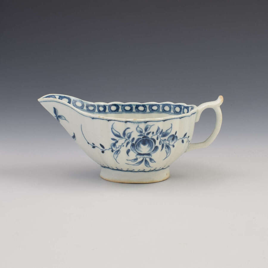 First Period Worcester Blue & White Porcelain Sauce Boat The Rose c.1770
