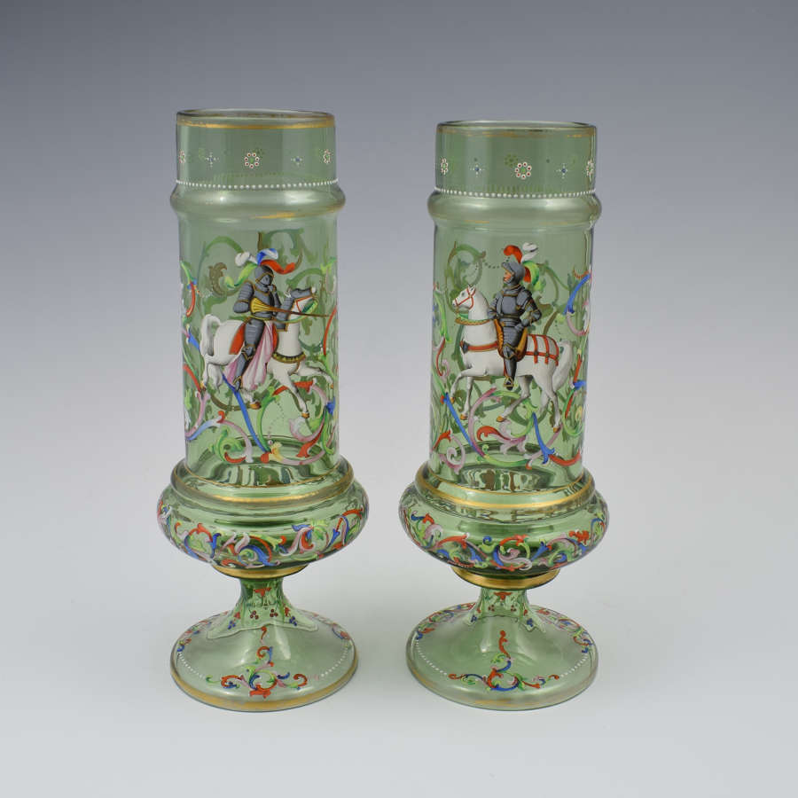 Pair Bohemian Meyr's Neffe Enamelled Historismus Glass Vases