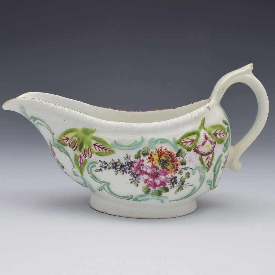 18th Century Derby Porcelain Cotton Stem Moulded Sauceboat c.1760
