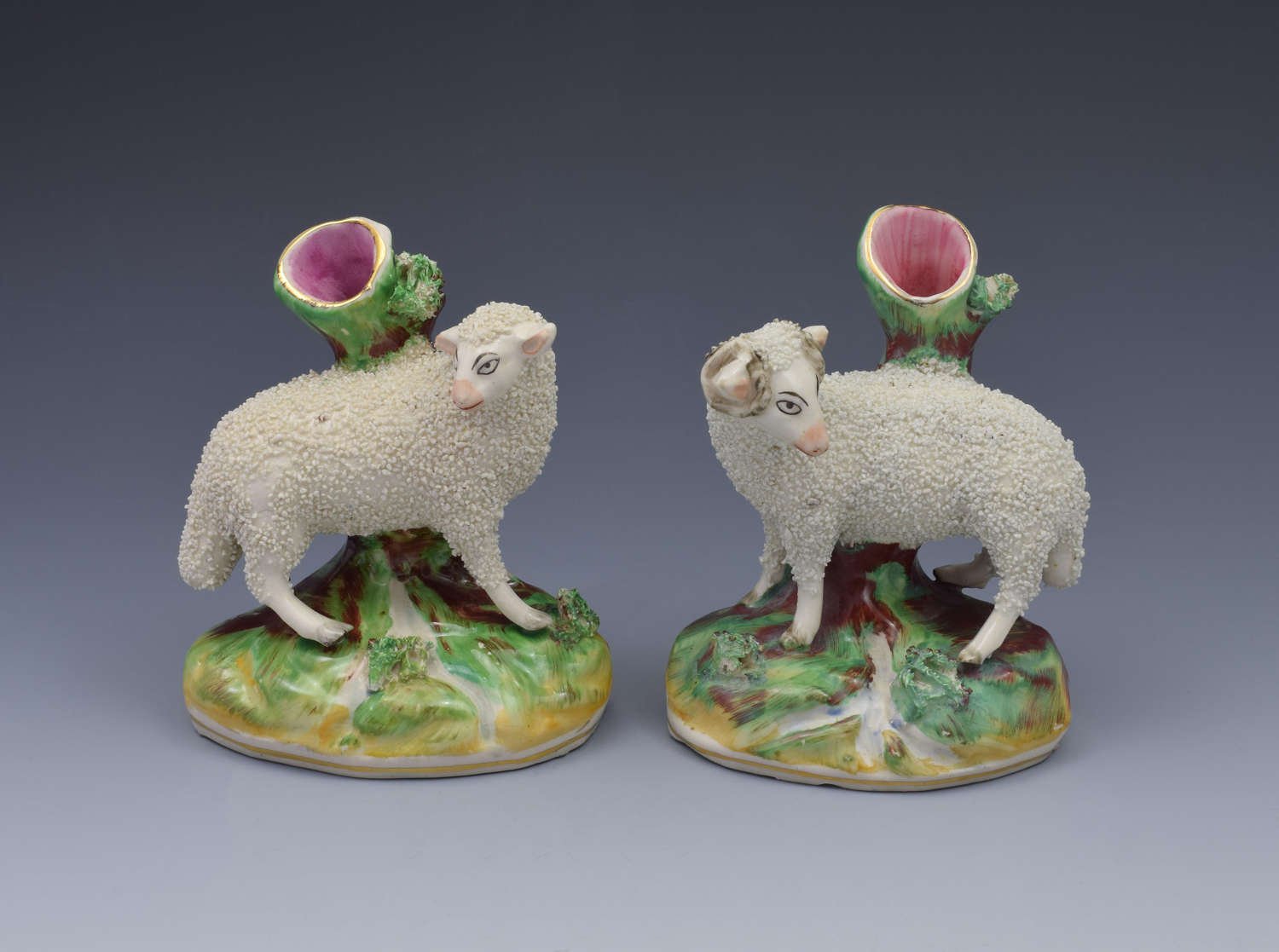 Pair Late Victorian Kent Staffordshire Pottery Ram & Ewe Spill Vases