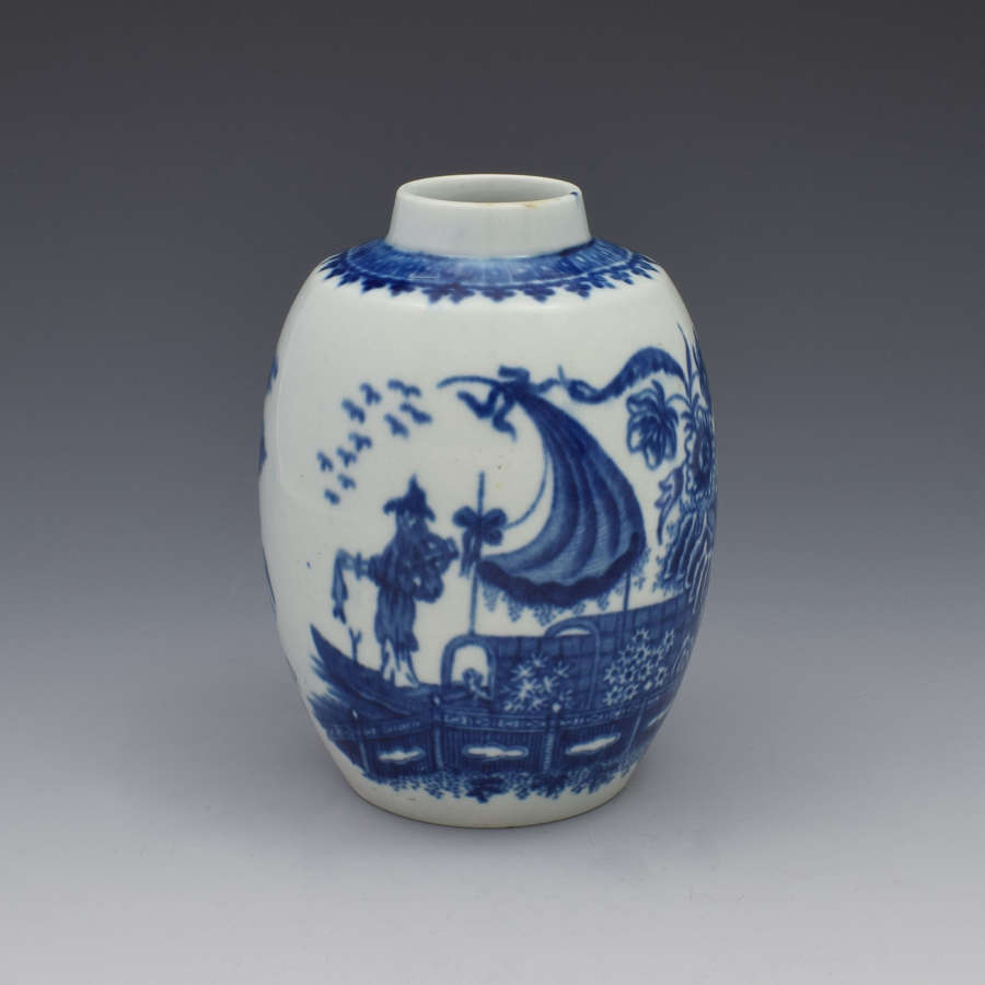 First Period Worcester Tea Canister Fisherman & Cormorant Pattern