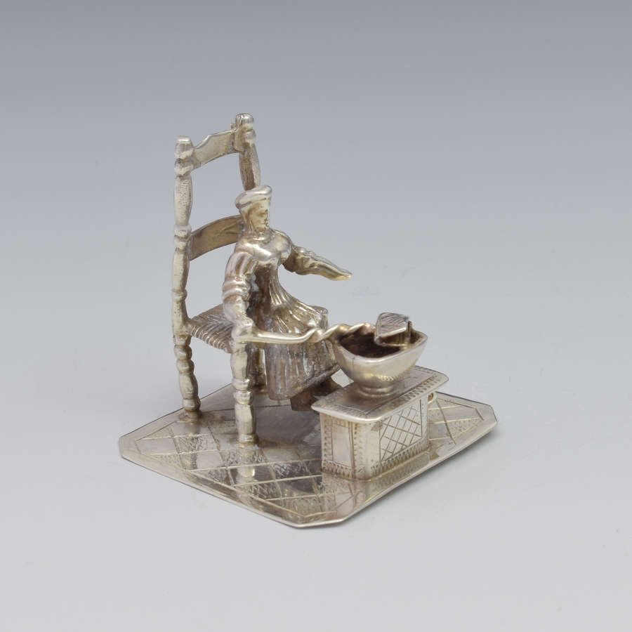 Dutch Silver Miniature Figure Seated Woman Girl Cooking c.1890