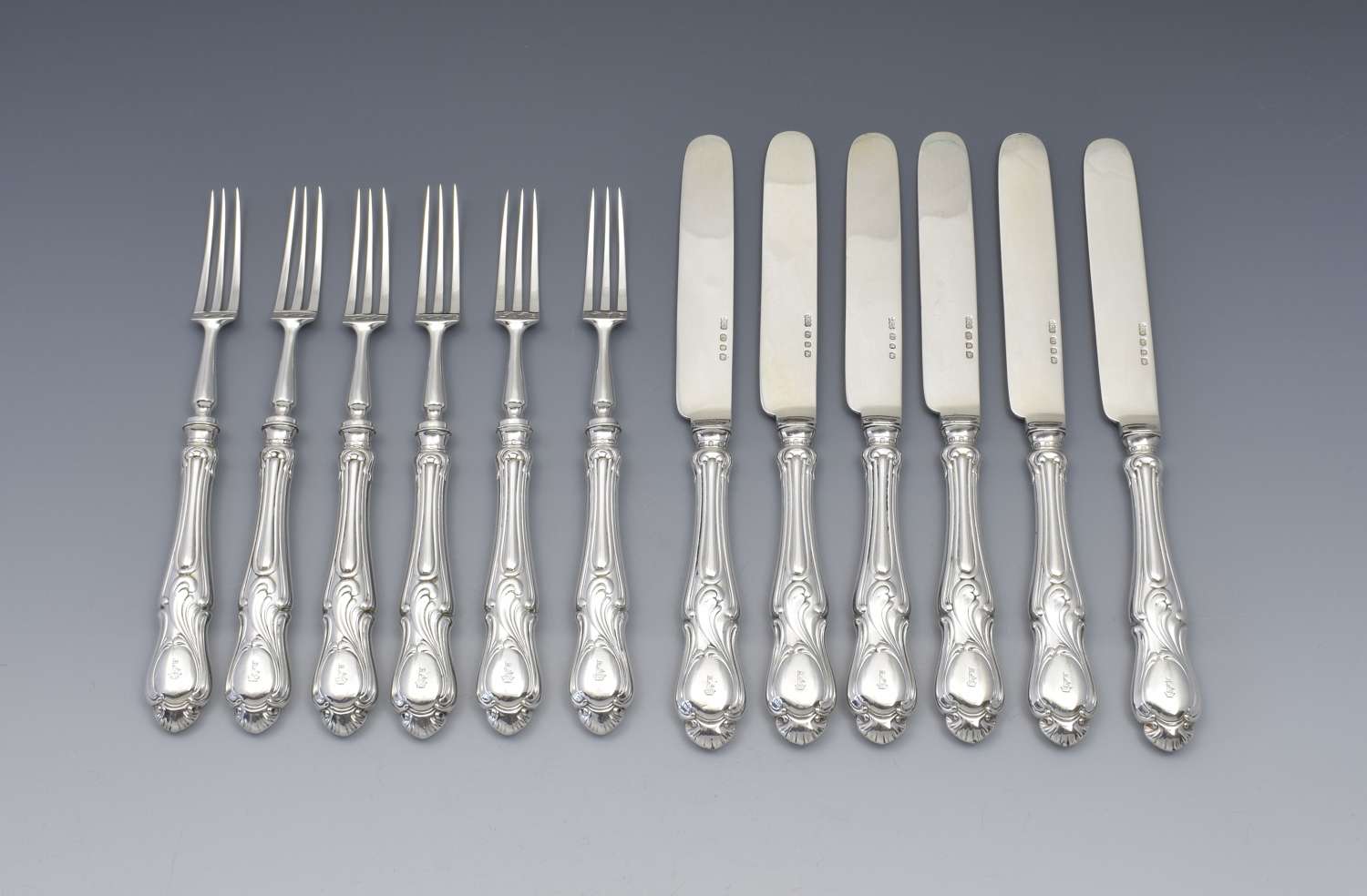 Fine Set Of 6 Victorian Sterling Silver Dessert Knives & Forks