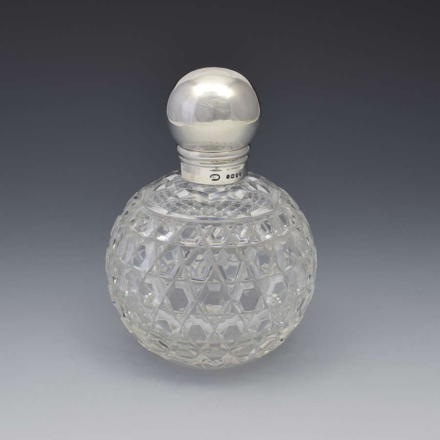 Large Victorian Silver & Cut Glass Globe Scent Perfume Bottle