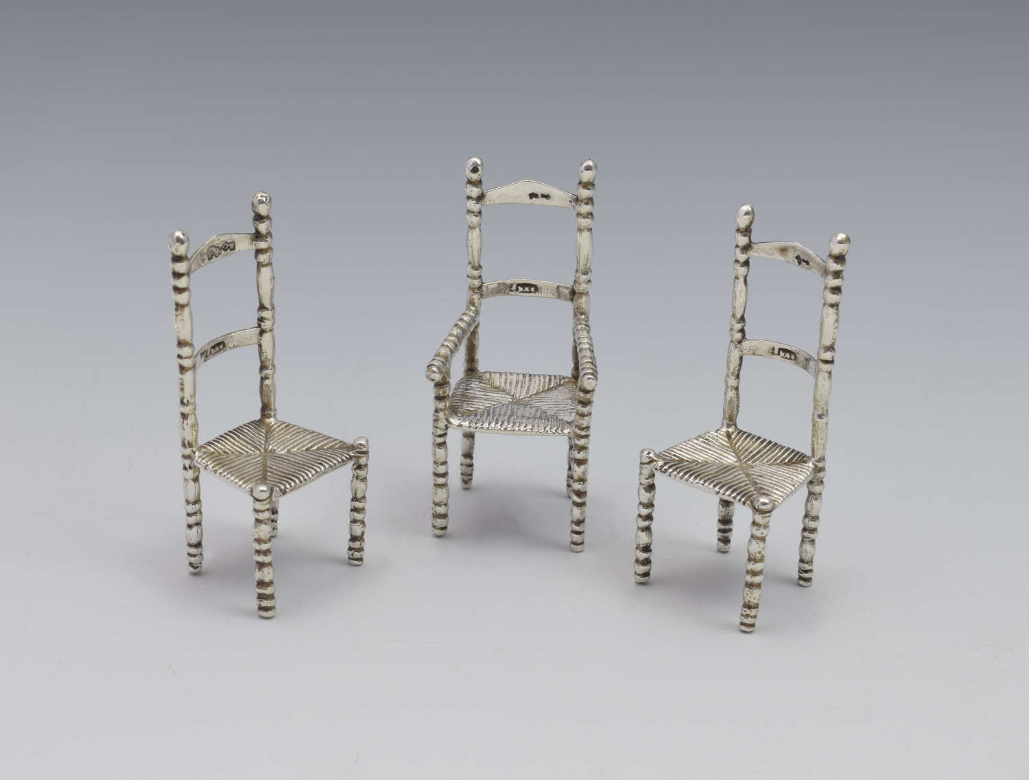 Set Of 3 19th Century Miniature Dutch Silver Ladder Back Chairs