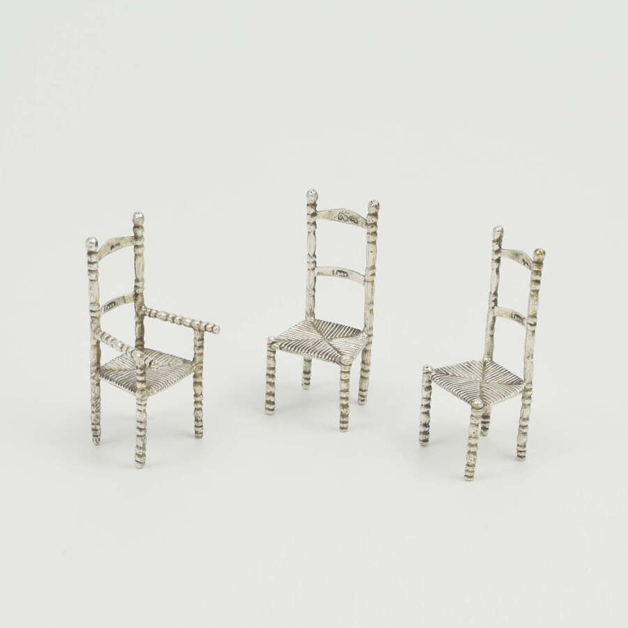Set Of Antique Dutch Miniature Silver Chairs / Doll's House Furniture