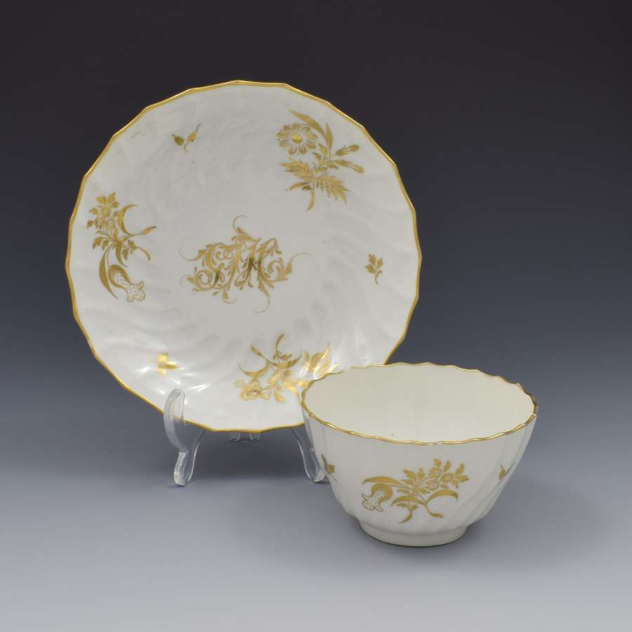 Worcester Porcelain Gilded Spiral Fluted Tea Bowl & Saucer