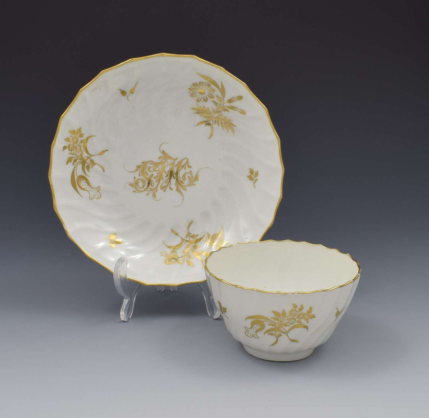 Worcester Porcelain Gilded Spiral Fluted Tea Bowl & Saucer