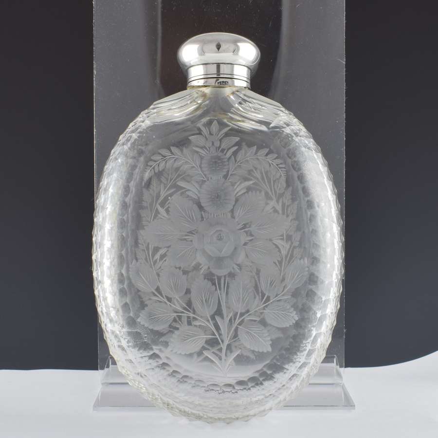 Unusual Victorian Engraved Cut Glass & Silver Plated Hip Spirit Flask