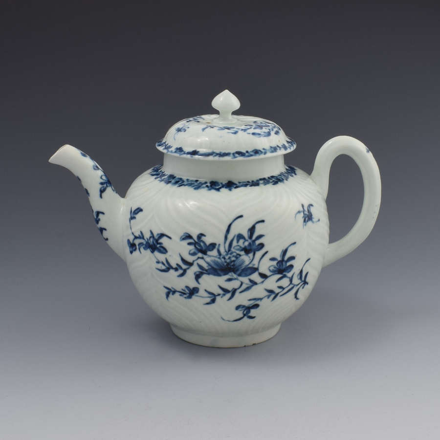 First Period Worcester Porcelain Feather Moulded Teapot