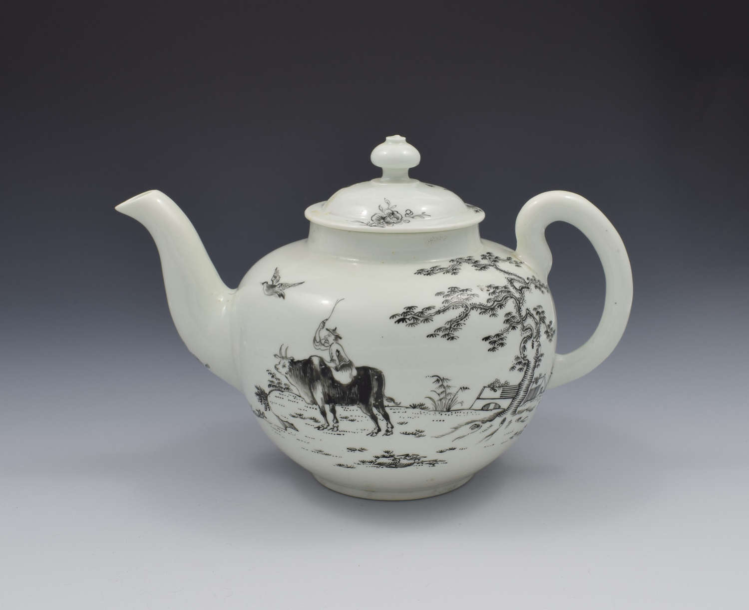 First Period Worcester Porcelain Teapot Boy On A Buffalo Ex-Zorensky