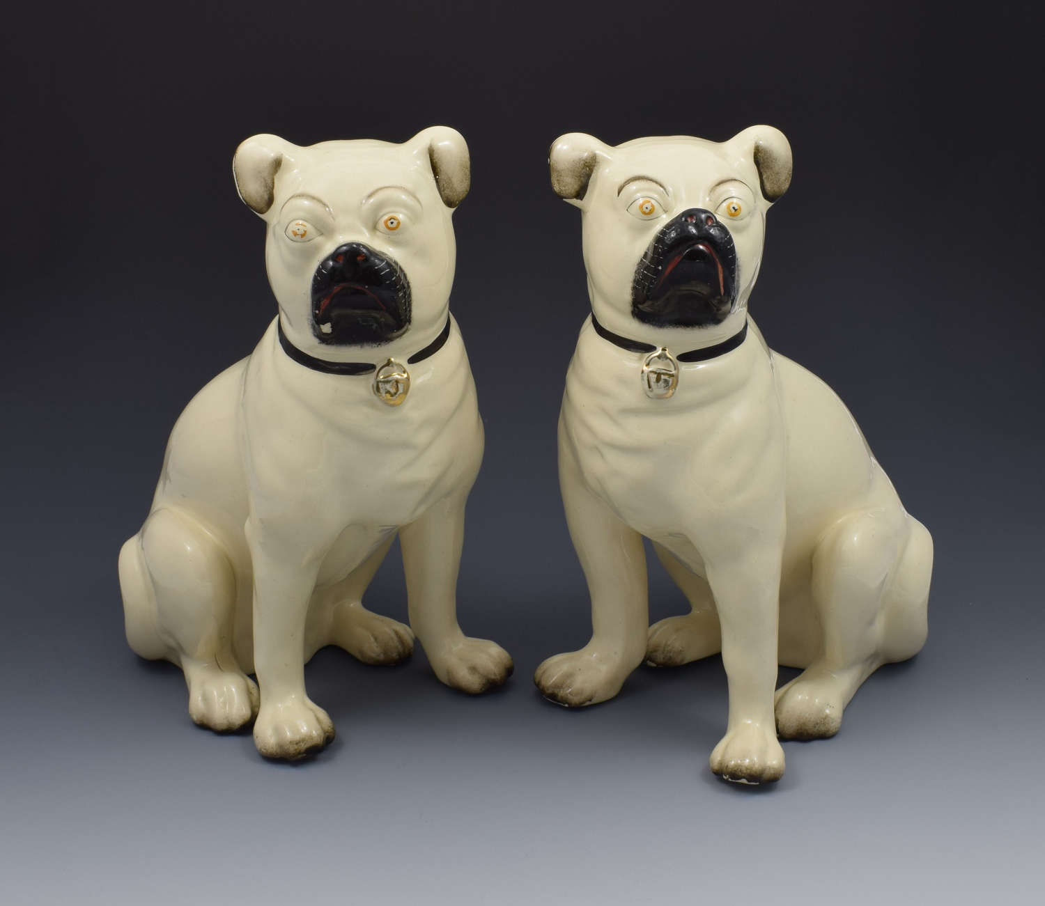 Large Pair Of Victorian Staffordshire Pottery Pugs Dogs C.1880