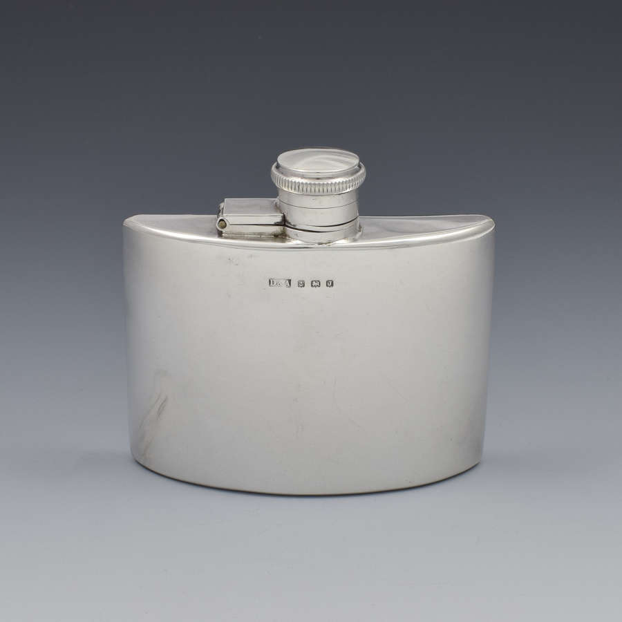 1930s Small Curved Silver Spirit Hip Flask Daniel & Arter