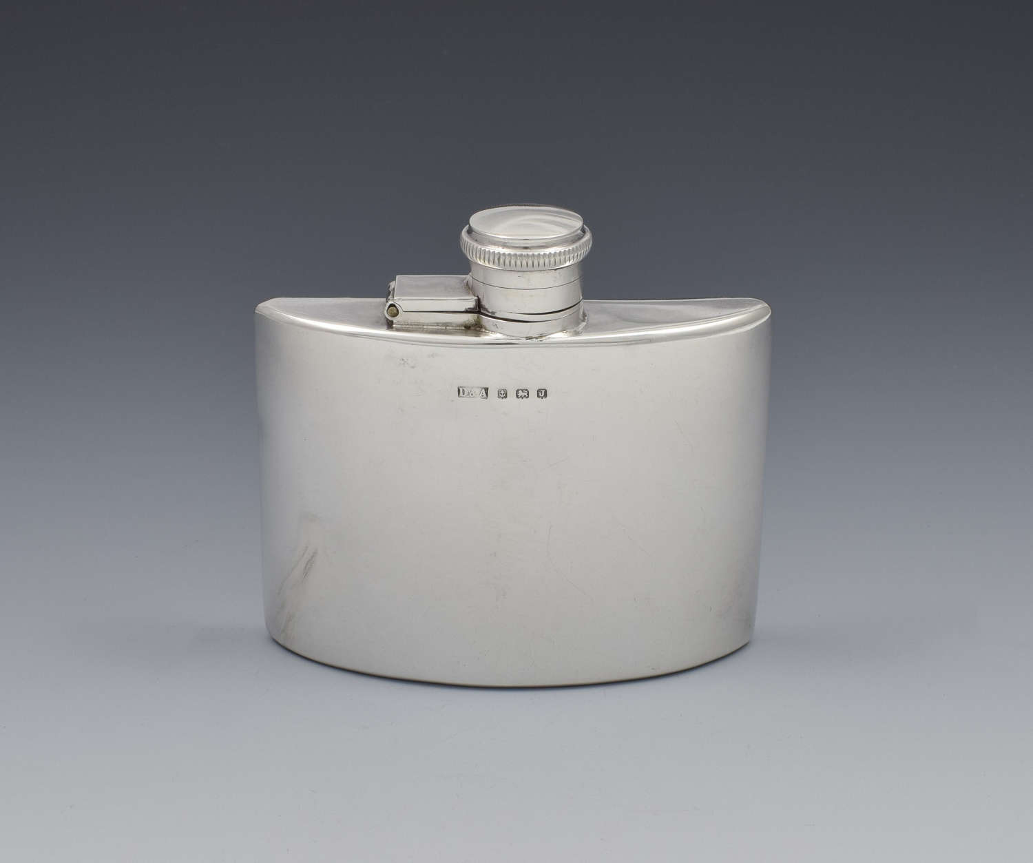 1930s Small Curved Silver Spirit Hip Flask Daniel & Arter