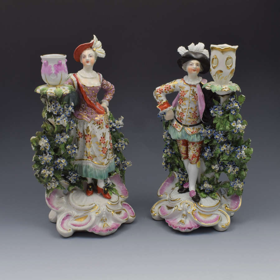 Pair Derby Porcelain Ranelagh Dancers Figural Candlesticks Figures