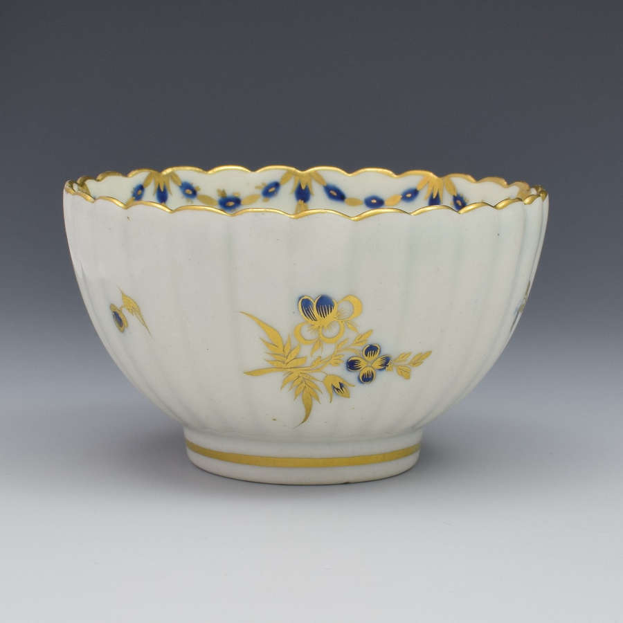 Caughley Porcelain Blue & Gilt Fluted Tea Bowl Dresden Flowers C.1785