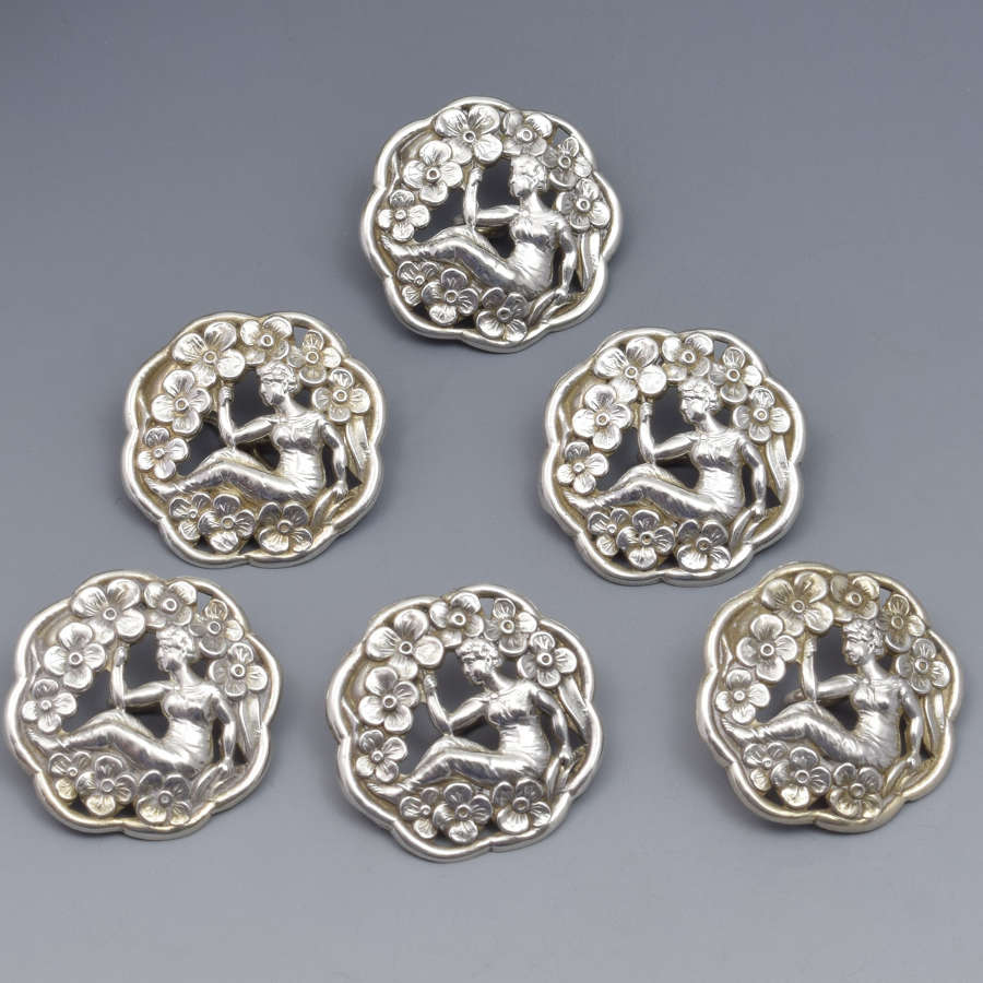 Set Of 6 Art Nouveau Silver Buttons Levi & Salaman