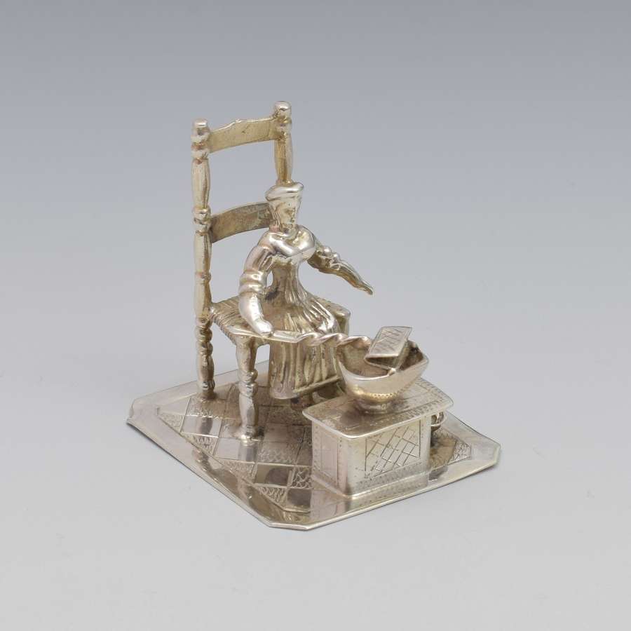 Dutch Silver Miniature Figure Seated Woman Girl Cooking C.1890