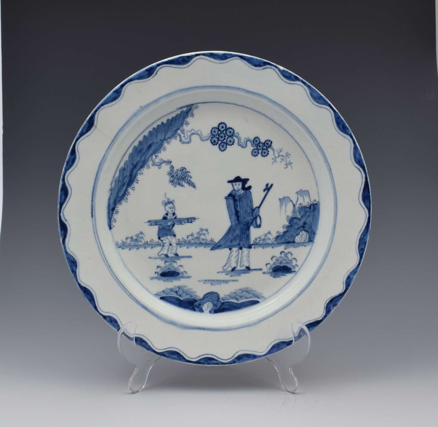 Large 18th Century Bow Porcelain Plate The Golfer & Caddy Pattern