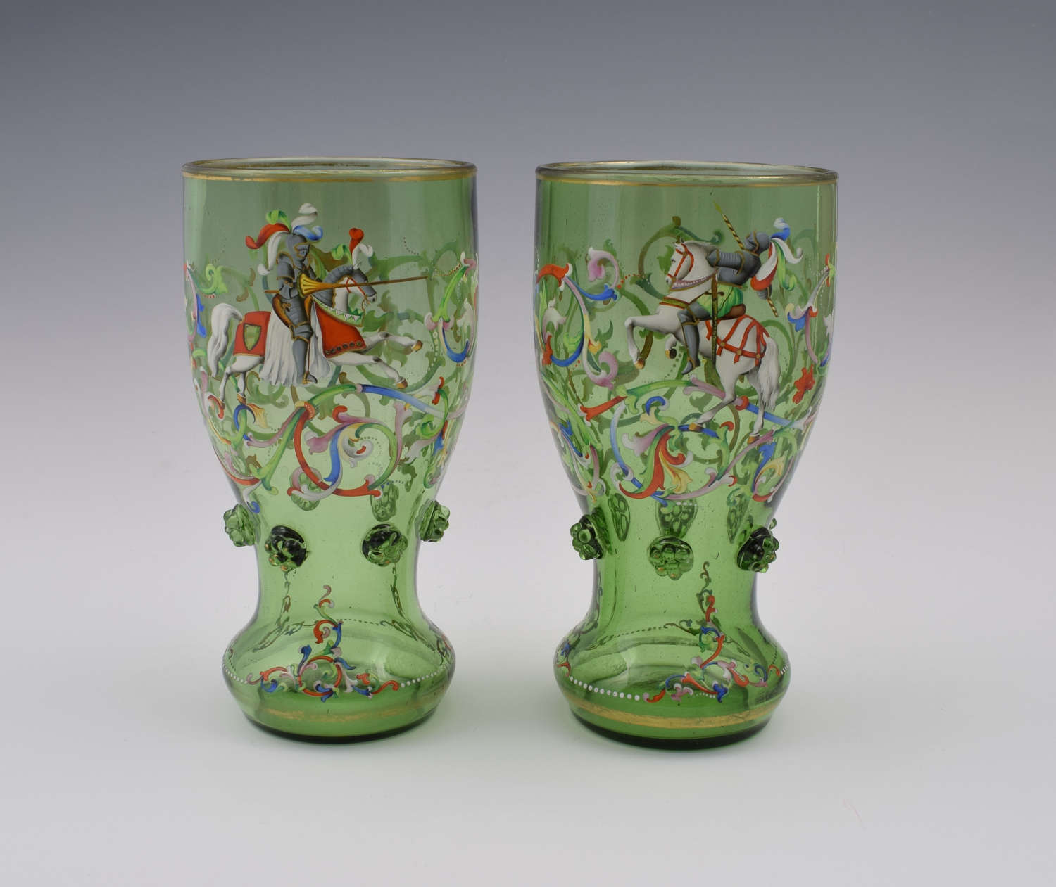 Pair Bohemian Meyr's Neffe Glass Enamelled Historismus Goblet Vases