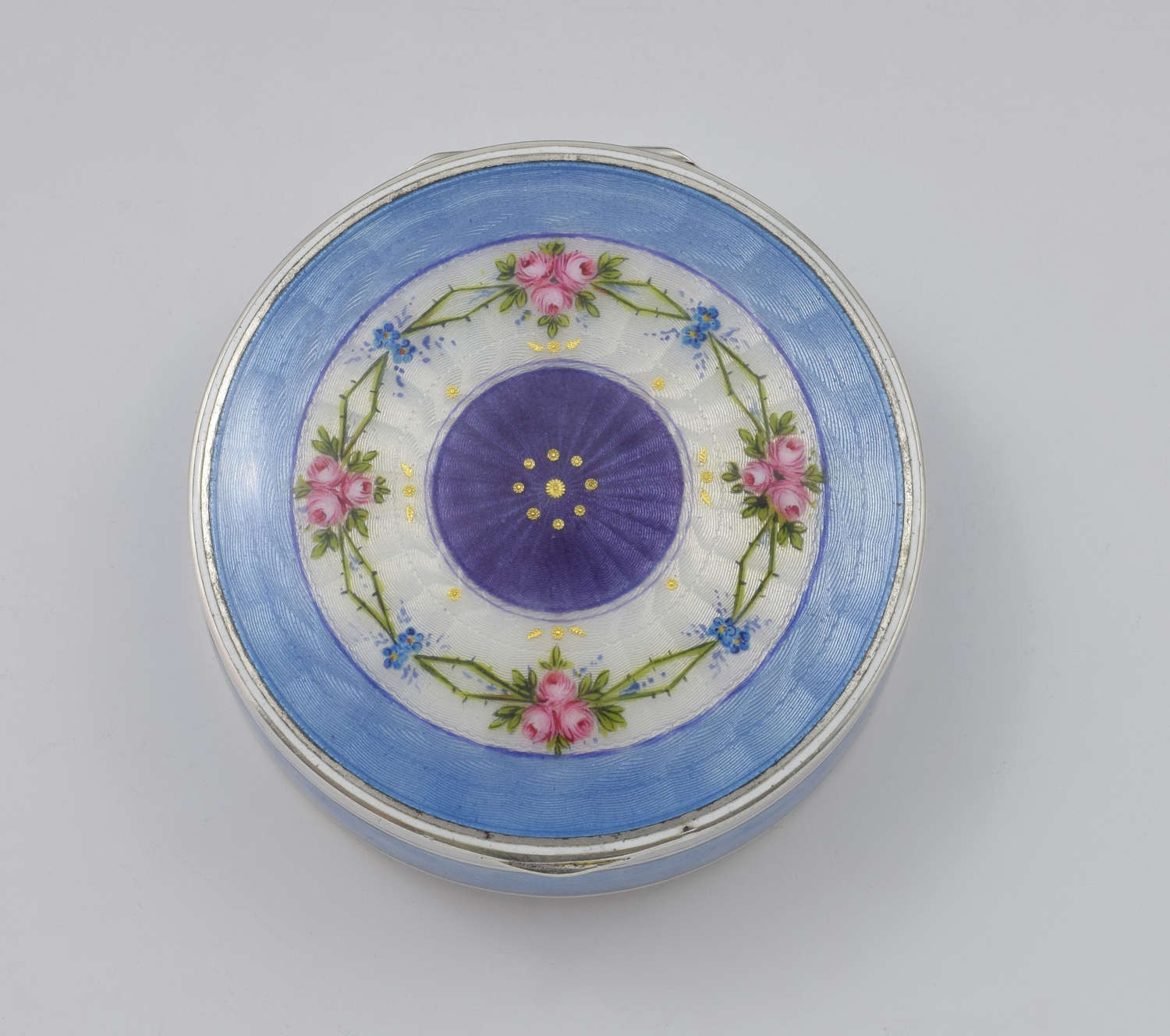 German Silver & Guilloche Enamel Box With Painted Flowers C.1920