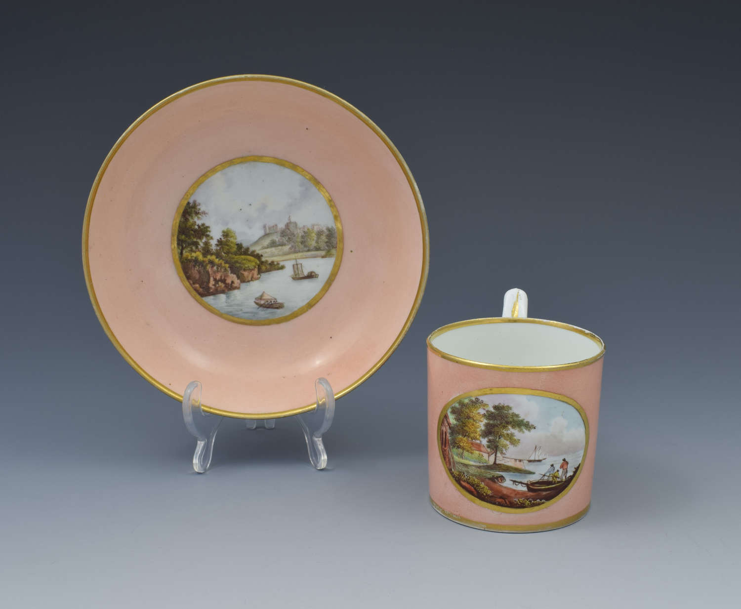 19th Century Derby Salmon Coffee Can & Saucer Cowes Castle & Windsor