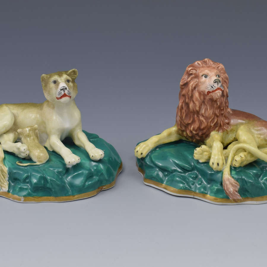 Pair Victorian Staffordshire Porcelain Lion & Lioness Figures C.1840