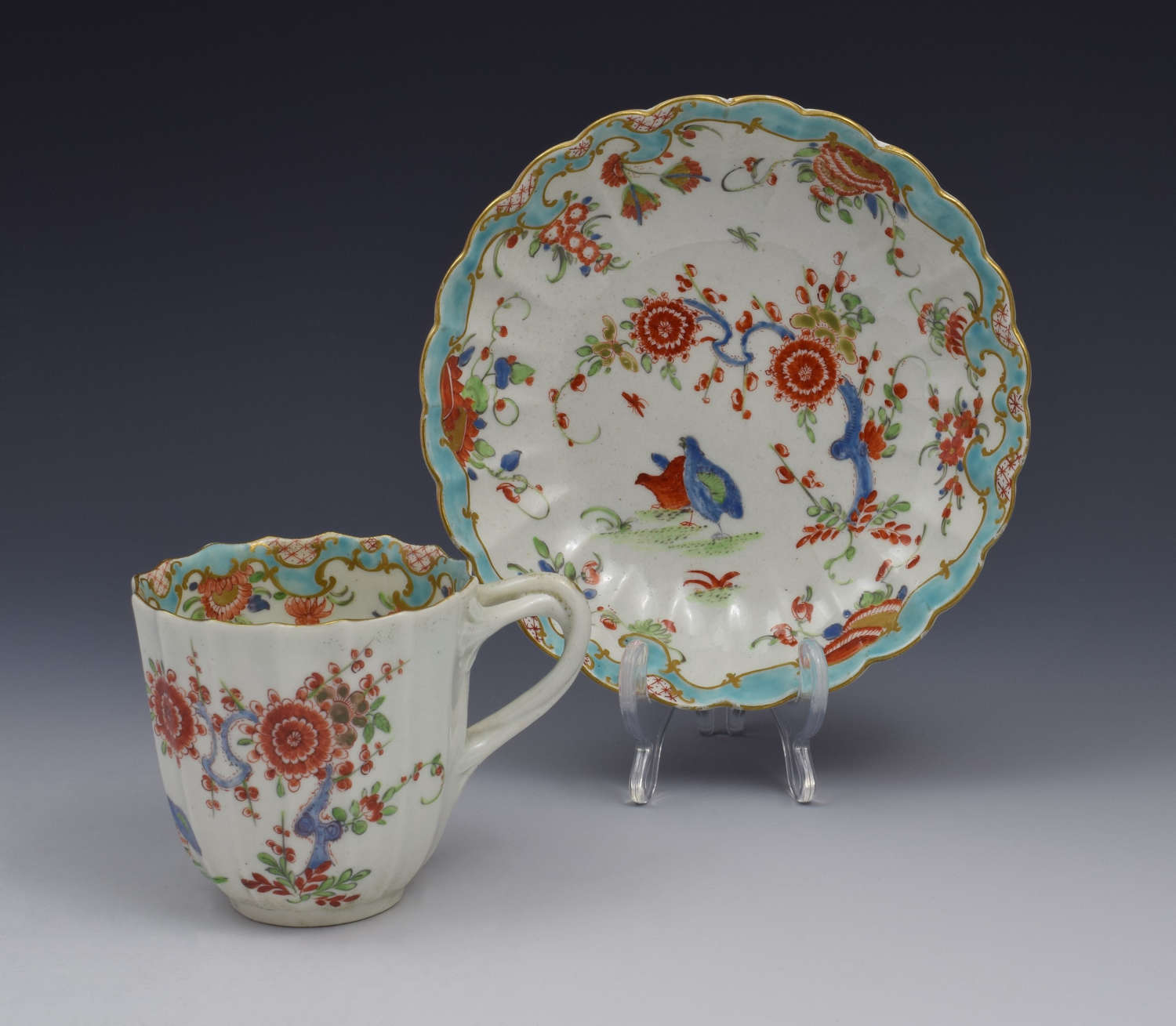 First Period Worcester Two Quail Pattern Coffee Cup & Saucer