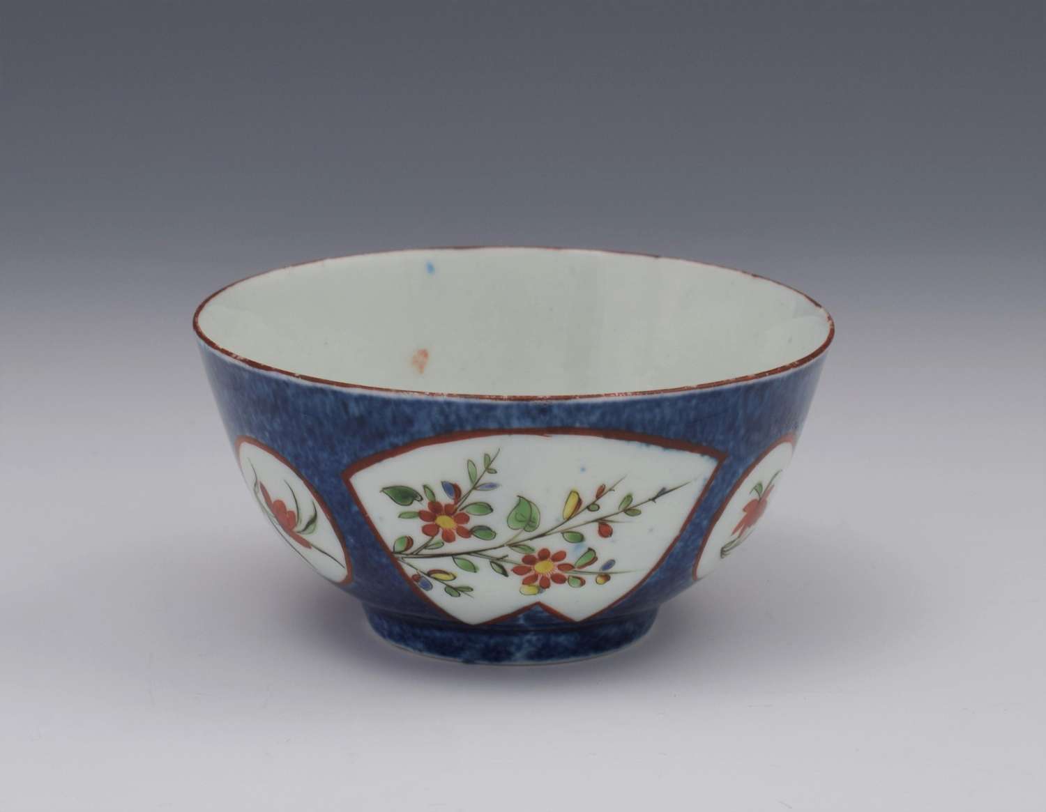 First Period Worcester Powder Blue Tea Bowl Exotic Flowers
