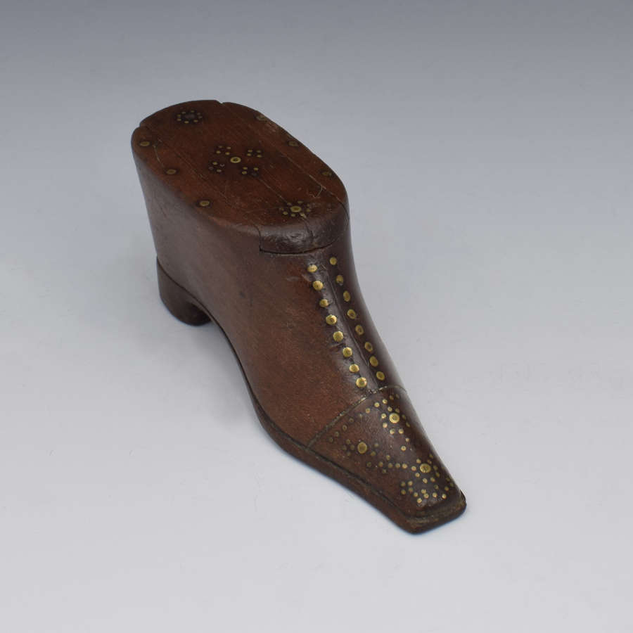 Georgian Treen Mahogany & Brass Pique Shoe Boot Snuff Box