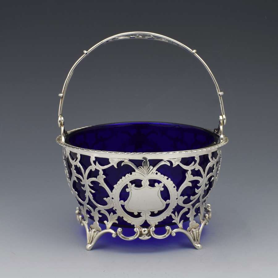 George V Silver & Blue Glass Bonbon Sugar Basket Adie Bros.