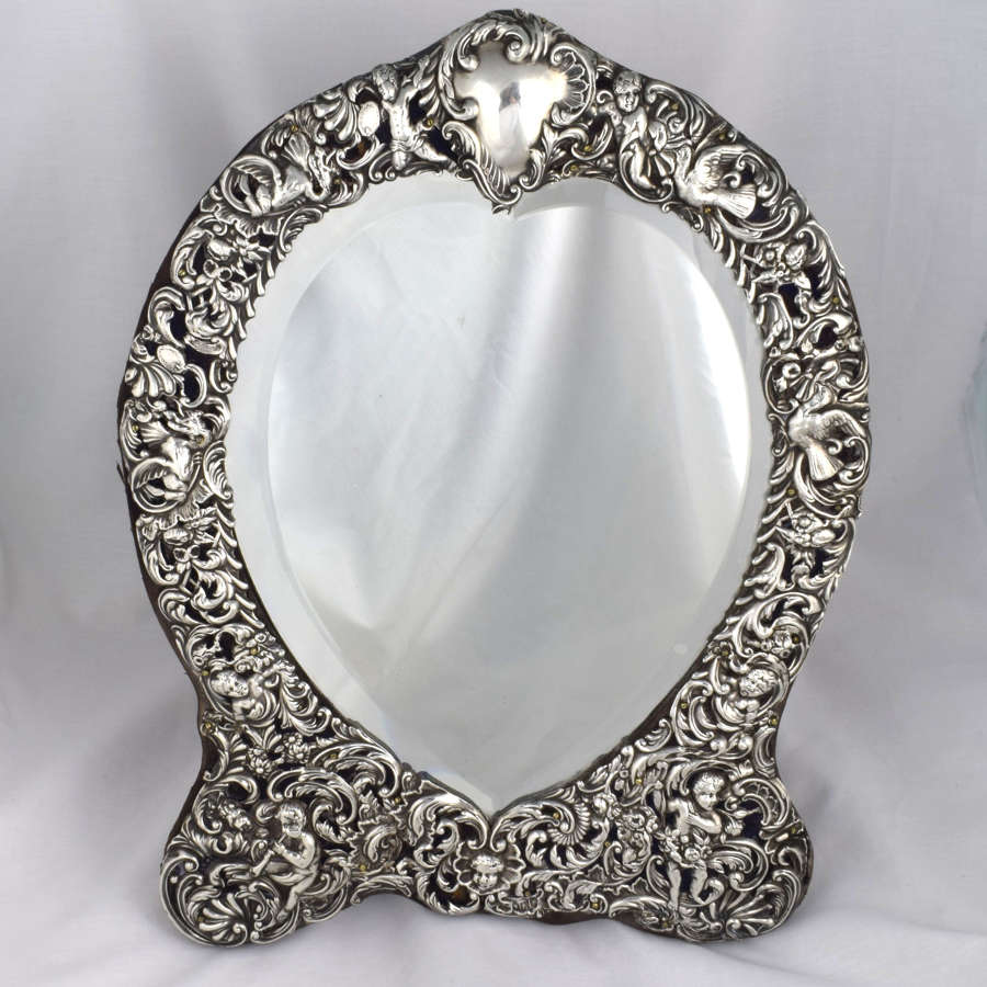 Large William Comyns Heart Shape Silver Dressing Table Mirror