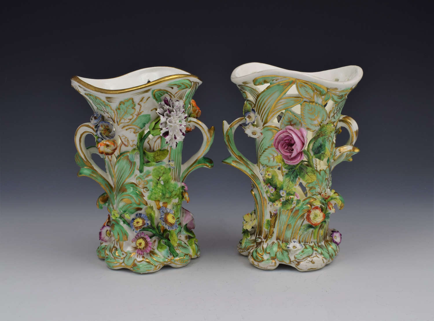 Pair Reticulated Coalport Flower Encrusted Vases Coalbrookedale Style