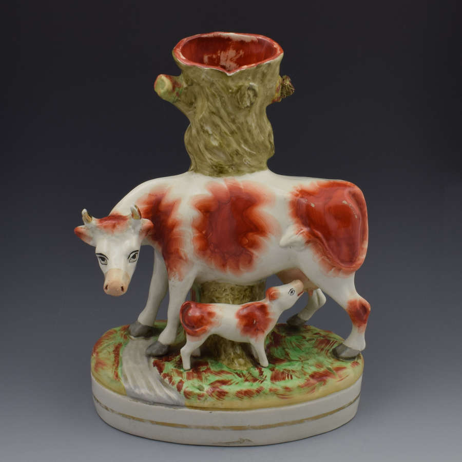 Charming Large Staffordshire Spill Vase Cow & Calf Russet & White