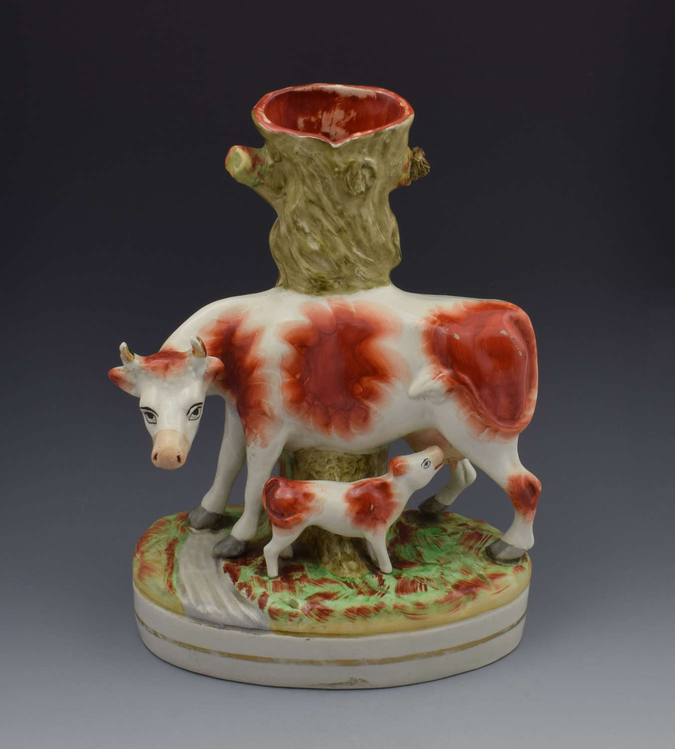 Charming Large Staffordshire Spill Vase Cow & Calf Russet & White