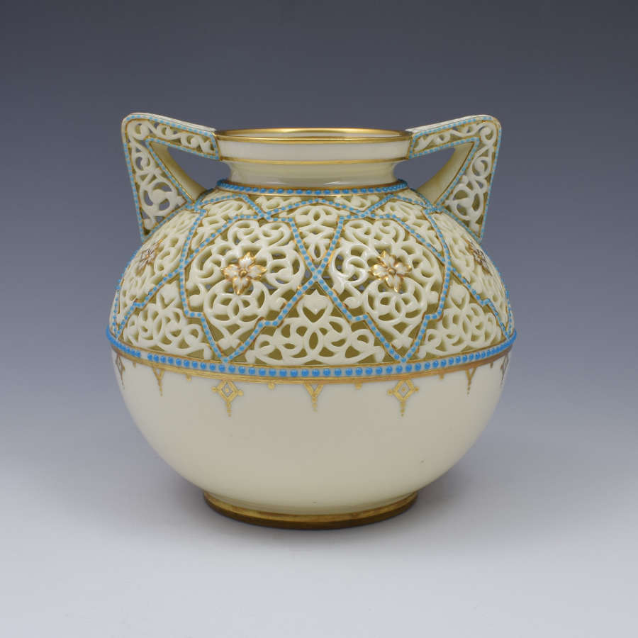 Grainger & Co. Worcester Reticulated Porcelain Vase By Alfred Barry