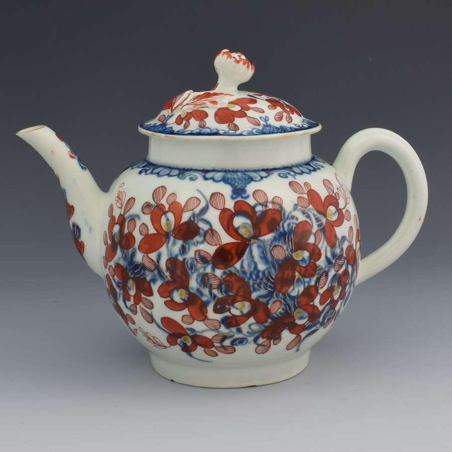 First Period Worcester Globular Teapot Clobbered Mansfield Pattern