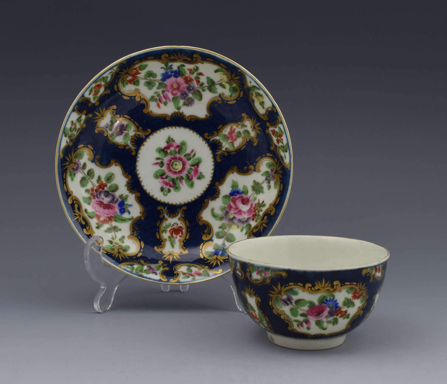 First Period Worcester Scale Blue Tea Bowl & Saucer C.1770
