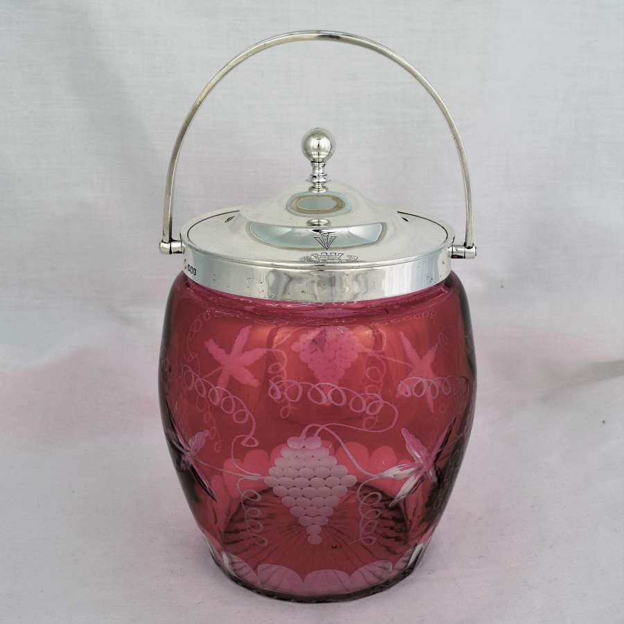 Silver And Cranberry Overlay Cut Glass Biscuit Box Barrel