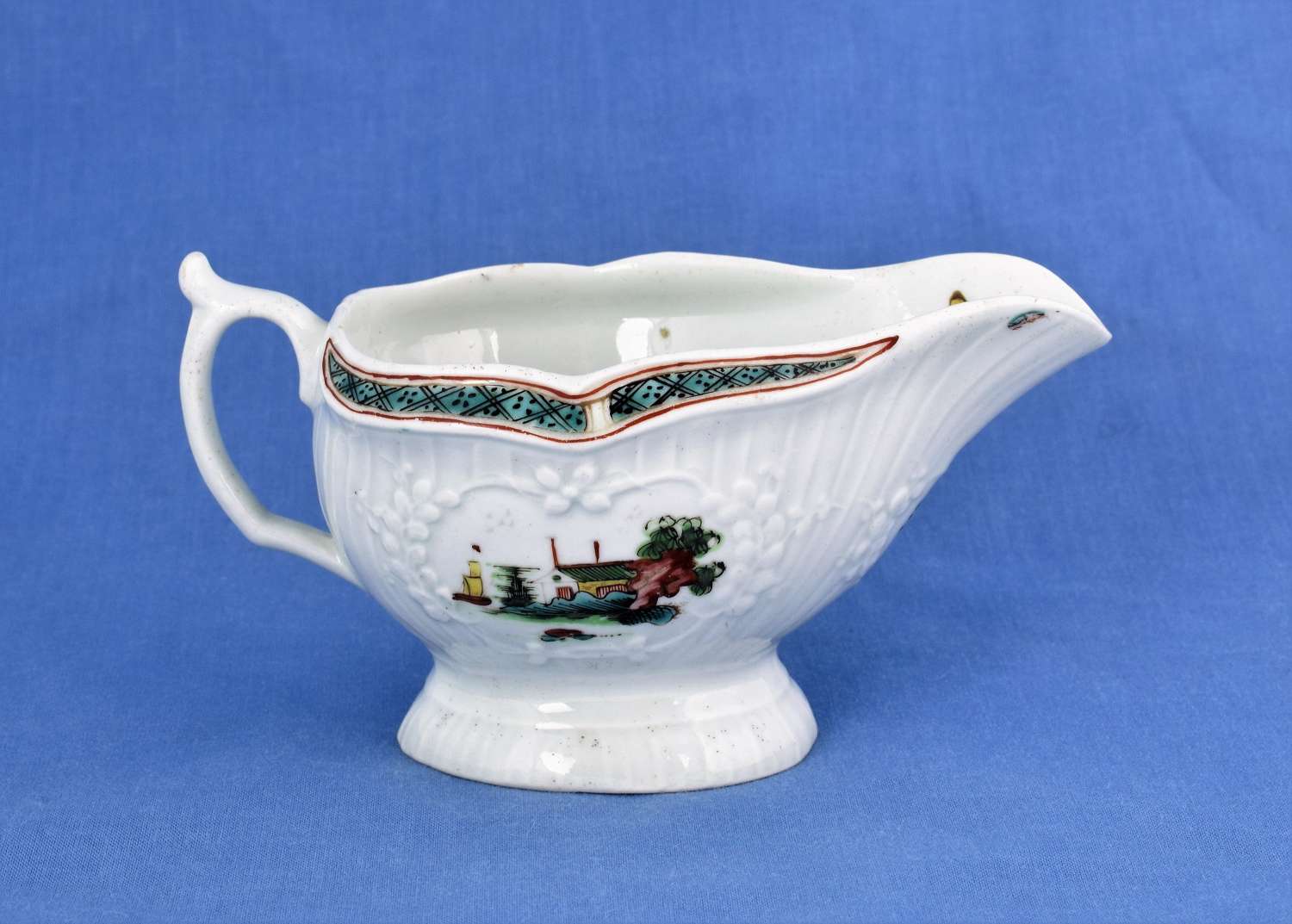 First Period Worcester Small Polychrome Sauceboat C.1756